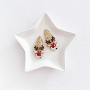 Girl Hair Clip Reindeer Embroidery Christmas Pair (GHP6353)